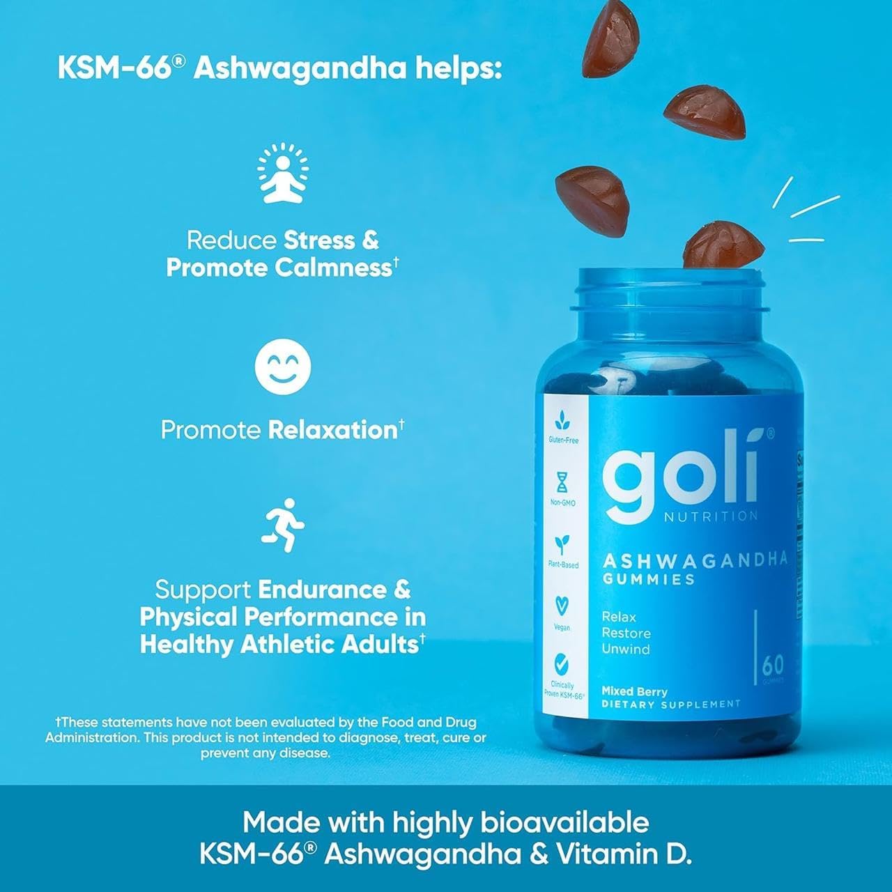 Goli Ashwagandha & Vitamin D Gummy - 60 Count - Mixed Berry, KSM-66, Vegan, Plant Based, Non-GMO, Gluten-Free & Gelatin Free Relax. Restore. Unwind, Pack of 3
