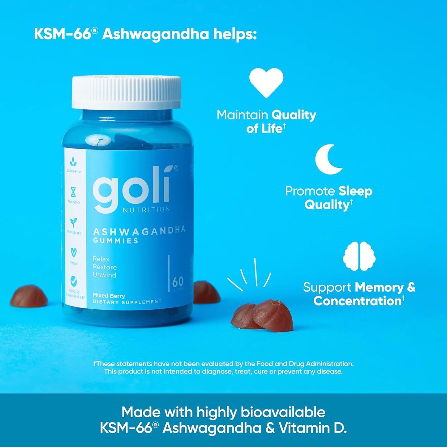 Goli Ashwagandha & Vitamin D Gummy - 60 Count - Mixed Berry, KSM-66, Vegan, Plant Based, Non-GMO, Gluten-Free & Gelatin Free Relax. Restore. Unwind, Pack of 3